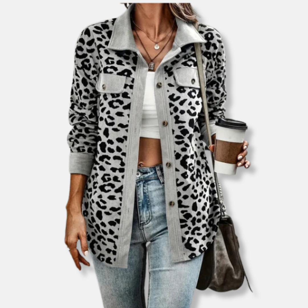 Women's relaxed fit corduroy shacket bold animal print ribbed texture button-up long sleeve