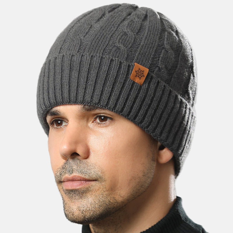 Men's navy blue thick ribbed knit beanie hat with snug cuff for outdoor winter wear