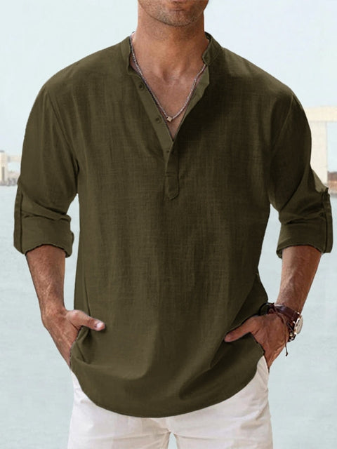 Men's beige linen relaxed fit long-sleeve shirt with mandarin collar, lightweight breathable summer top