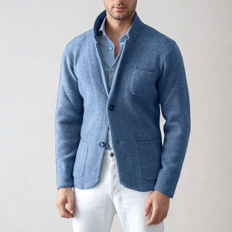 Men's gray knit cardigan blazer-inspired silhouette with tailored cut for office and casual wear