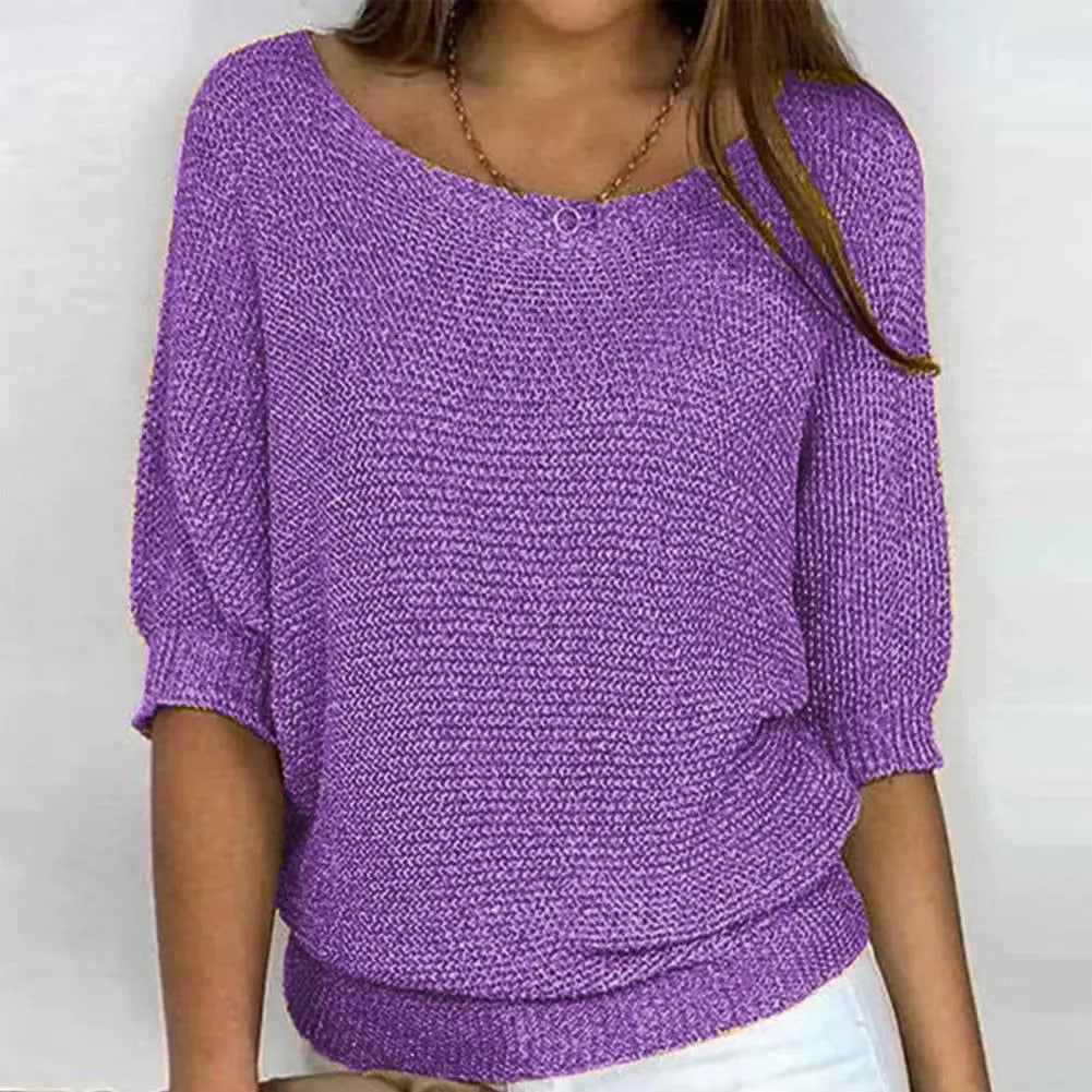 Women's loose knit sweater half sleeves relaxed fit wide neckline casual airy layering piece
