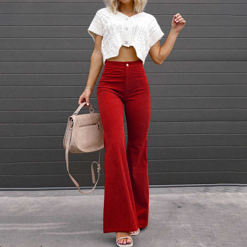 Women's high-waist flared pants flattering silhouette elongating cut for modern all-day wear