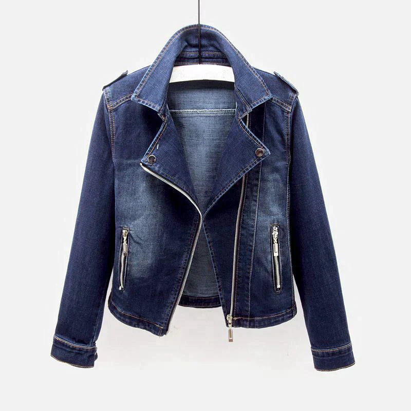 Blue organic denim jacket oversized dramatic collar short silhouette bold rebel fashion statement