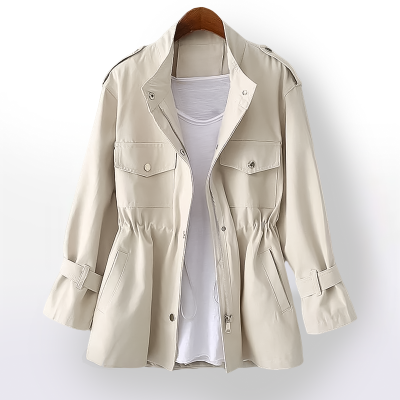 Women's beige totem-print trench coat elegant silhouette premium fabric autumn winter