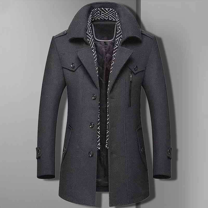 Men's slim tailored double-breasted winter coat with structured collar and multiple pockets