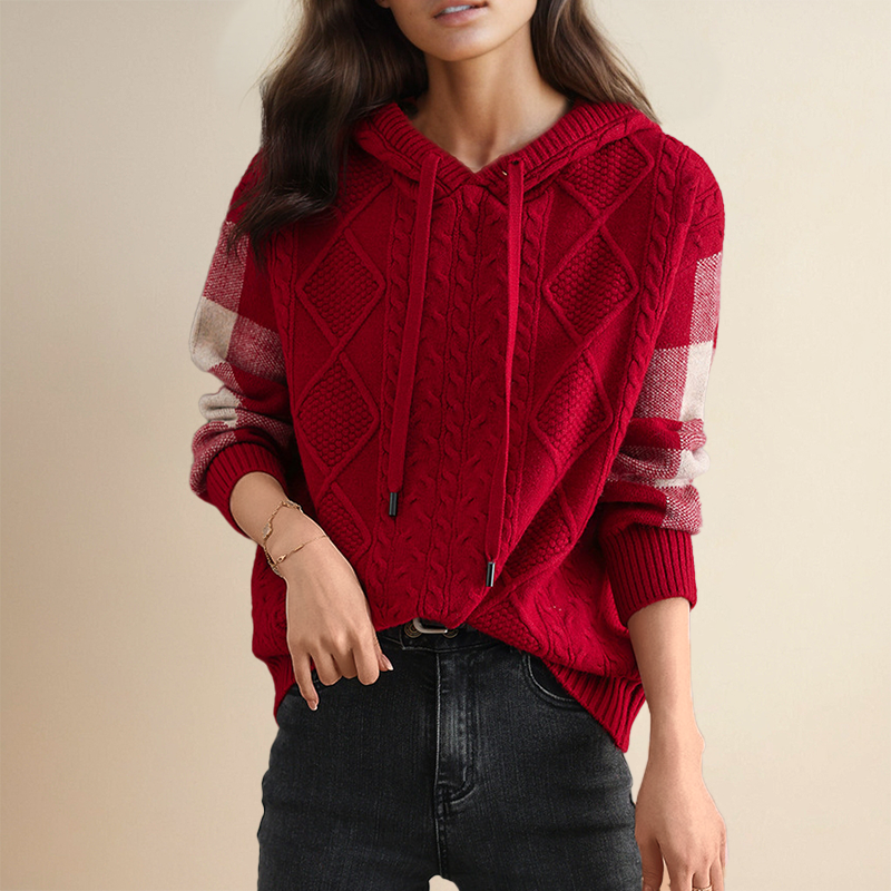 Cream cable knit hoodie sweater with intricate textured pattern, relaxed fit for casual everyday comfort