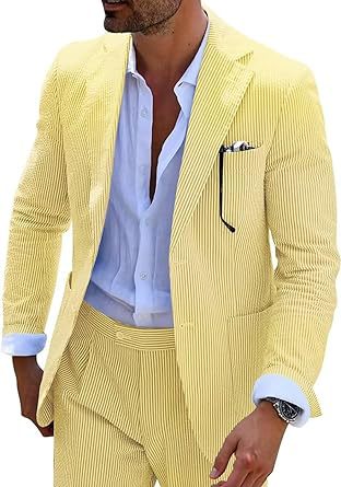 Men's light blue seersucker two-piece suit slim fit wrinkle-resistant breathable fabric for warm weather