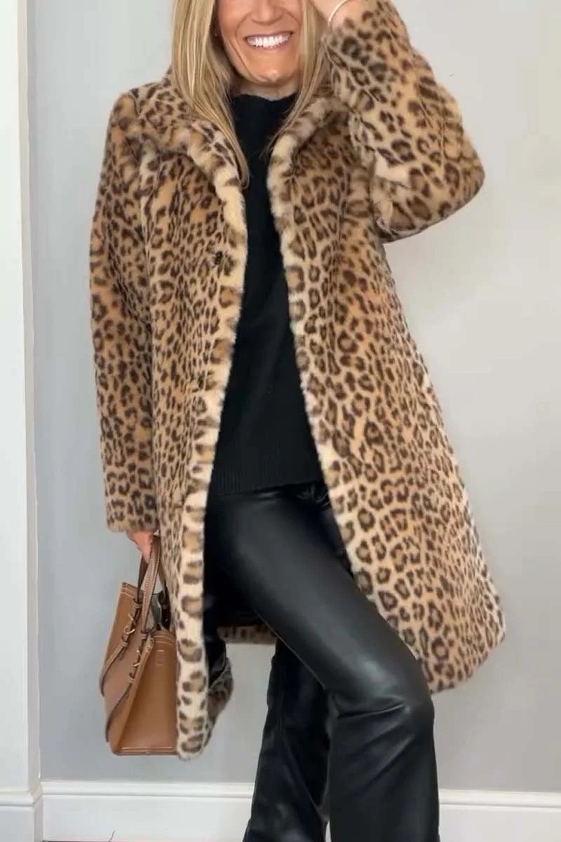 Women's mid-length leopard print faux fur coat, soft wool-feel fabric with spandex stretch