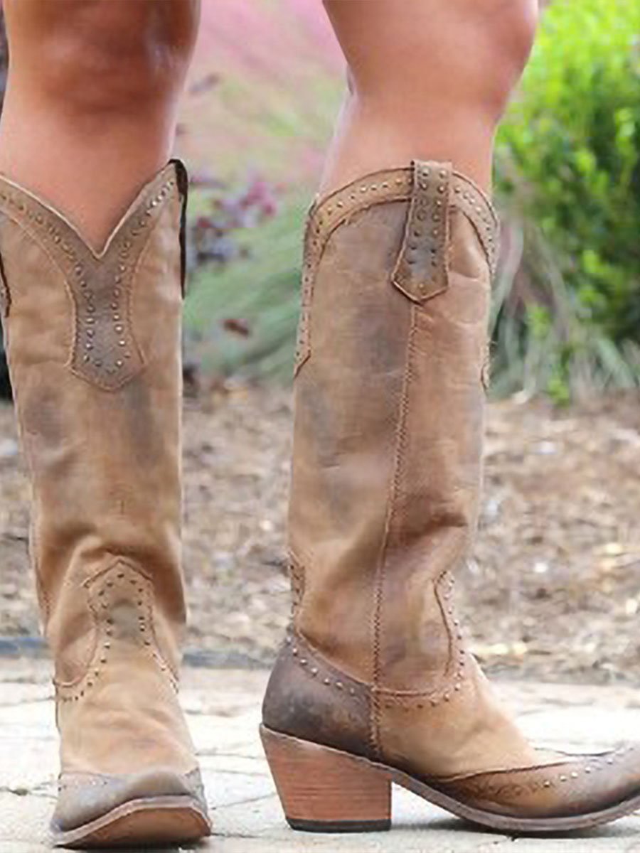 Brown vintage cowgirl boots low heel artificial leather rivet stud embellishments Western style