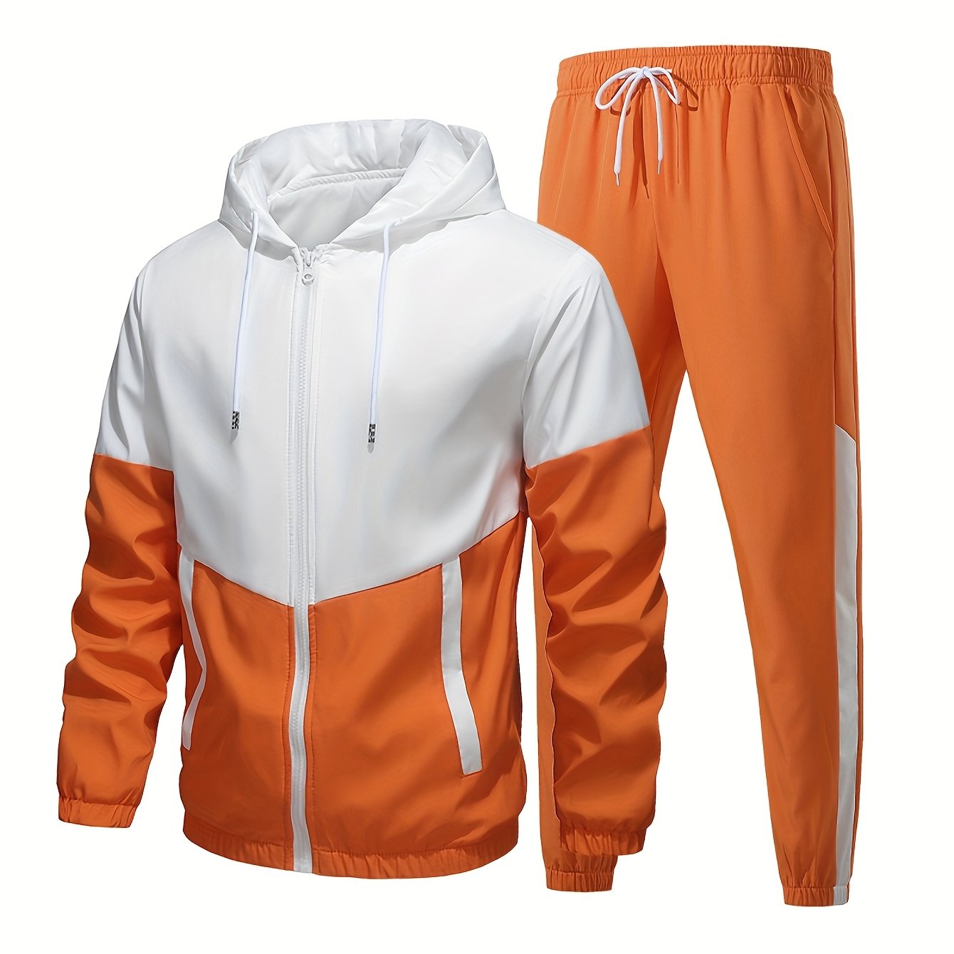Men's color block hooded tracksuit, comfort fit two-piece leisure set for home and casual wear