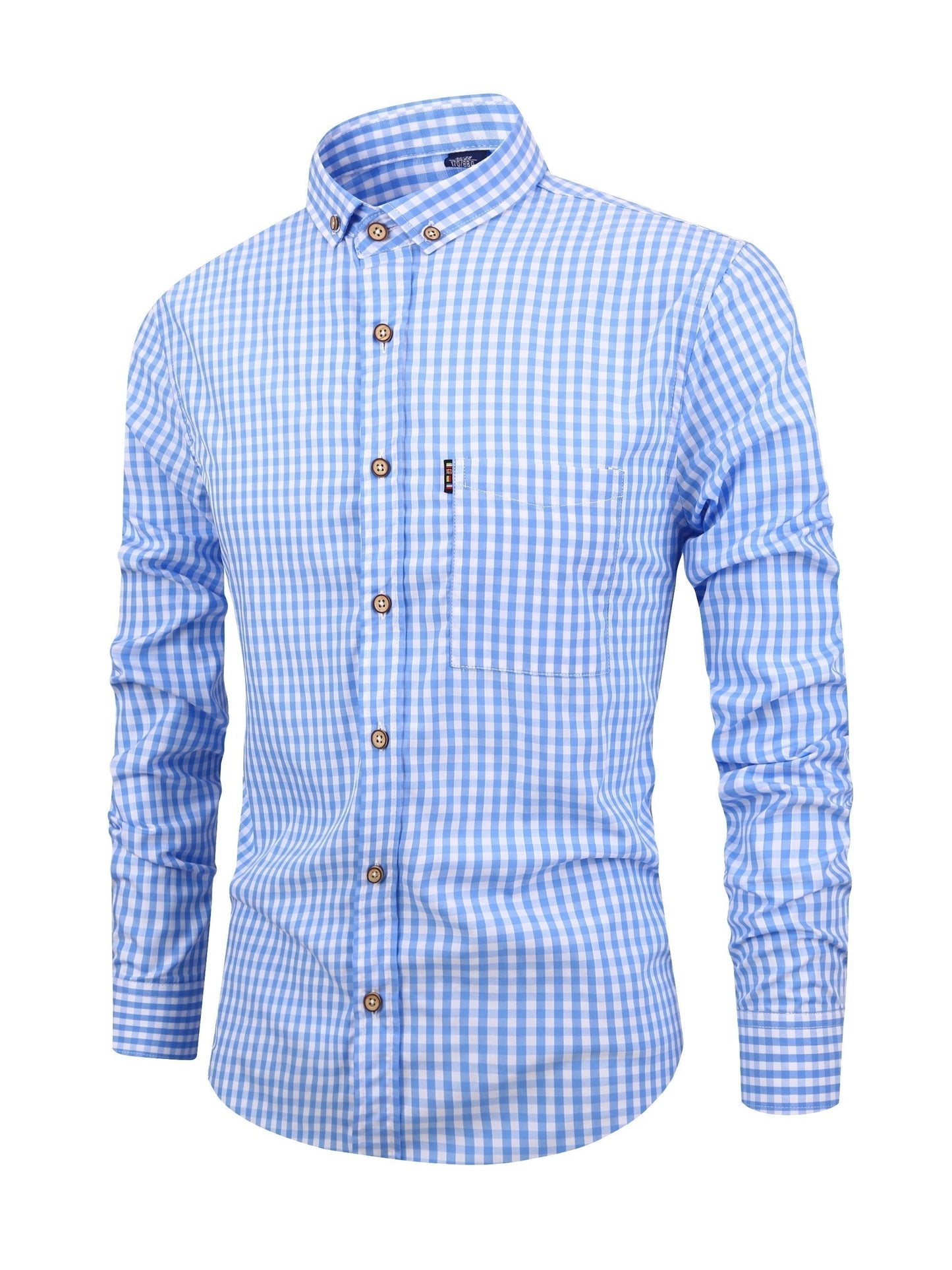 Men's slim fit gingham shirt with button collar and long sleeves, boardroom-ready style