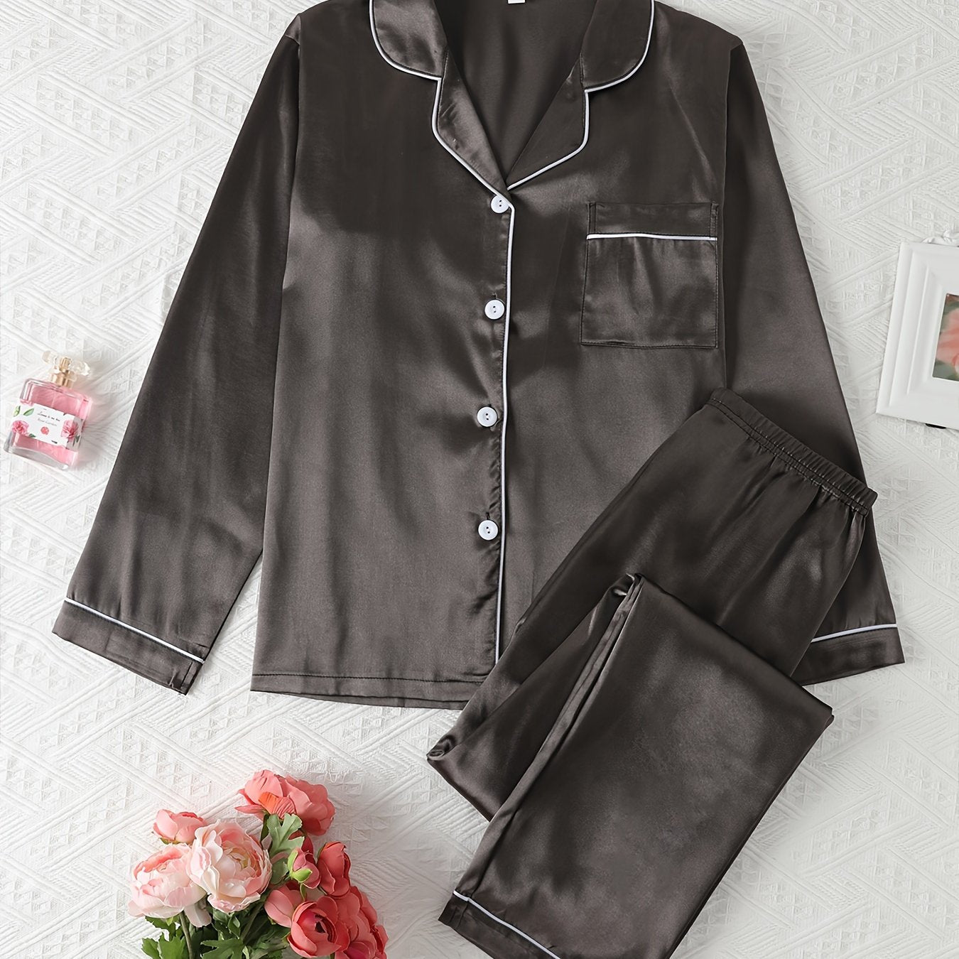 Women's long sleeve button-up pajama set, relaxed fit matching top and pants cozy nightwear