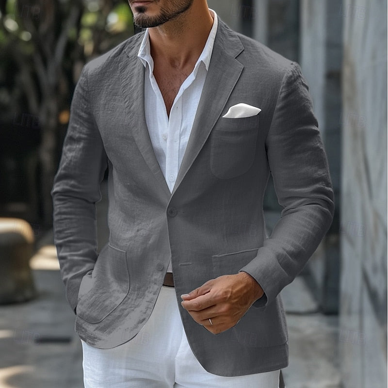 Men's slim fit lightweight linen blazer in neutral tone, breathable structured silhouette for weddings