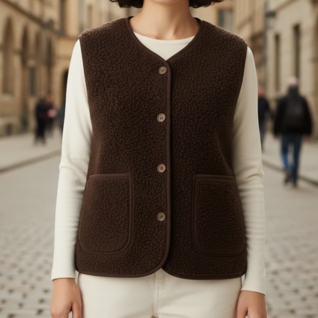 Women's soft button-front vest in beige warm layering piece for cold seasons casual style