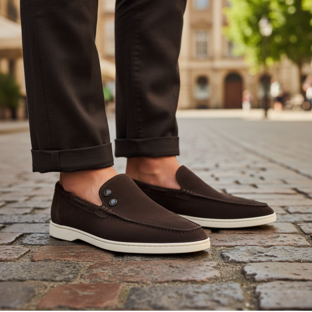 Men's suede slip-on moccasin loafers with rubber sole, casual comfort style and visible stitching