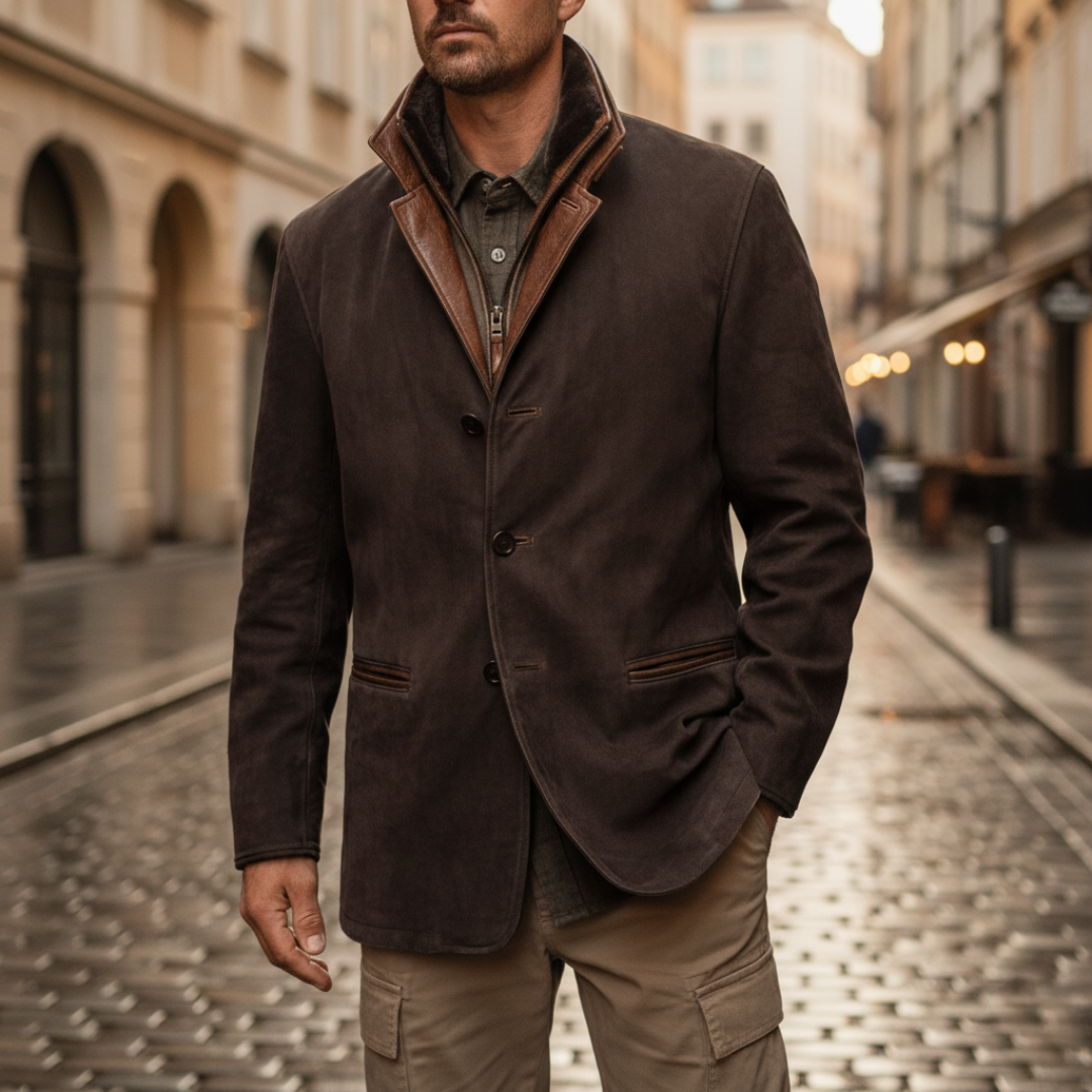 Men's winter suede jacket brown faux leather collar internal zipper cold weather slim fit coat