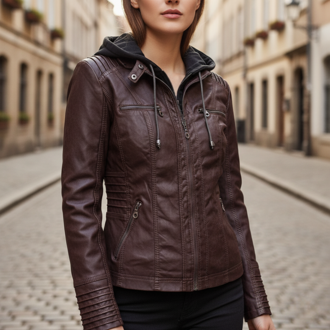 Women's black leather jacket with integrated hood, zip closure, side pockets, casual street style