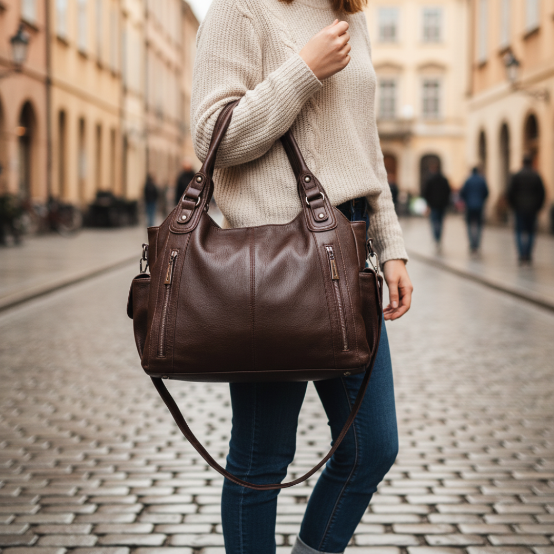 Women's large leather-effect shoulder bag in black, brown or dark brown, versatile everyday work travel tote