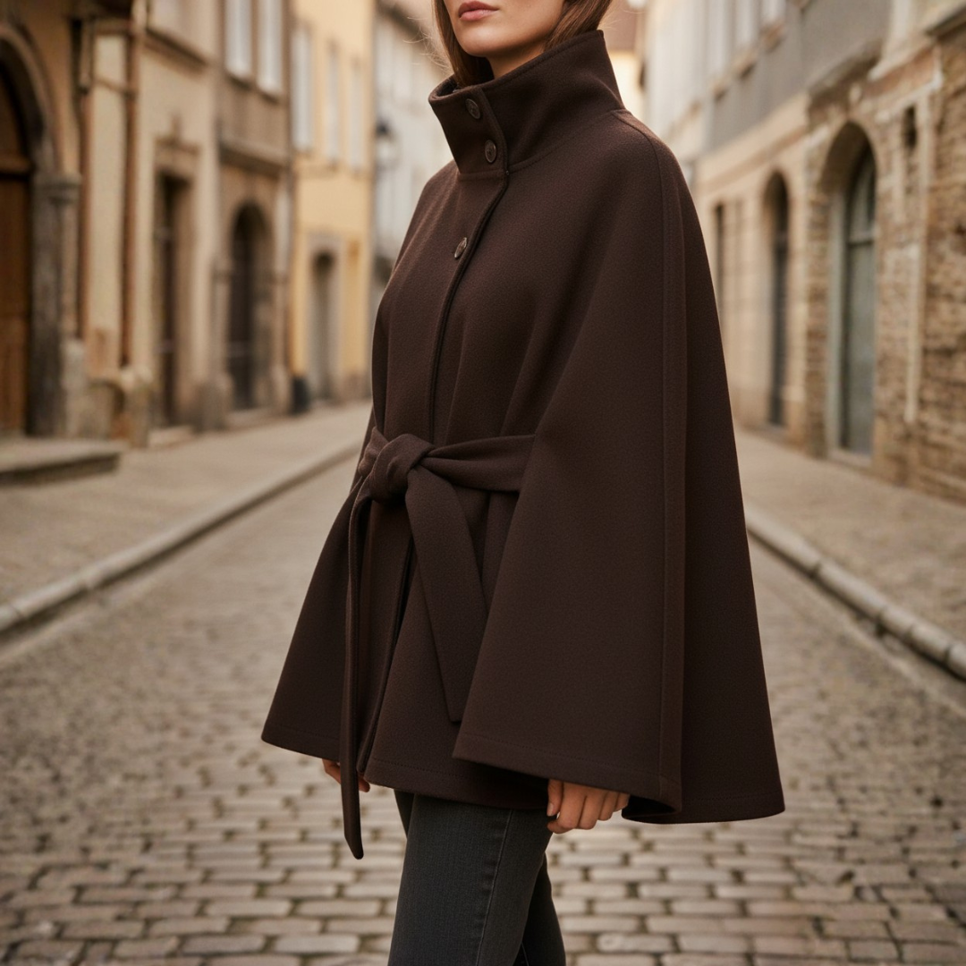 Black women's lightweight polyester coat with high collar and adjustable belt for elegant fit