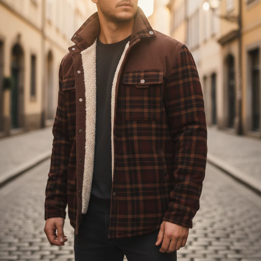 Men's brown flannel jacket fleece-lined warm outerwear relaxed fit for autumn winter
