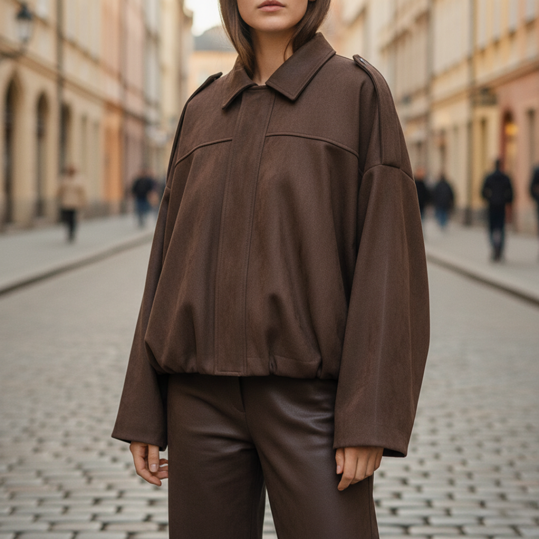 Oversized women's mixed fabric jacket relaxed drape structured silhouette everyday professional layering