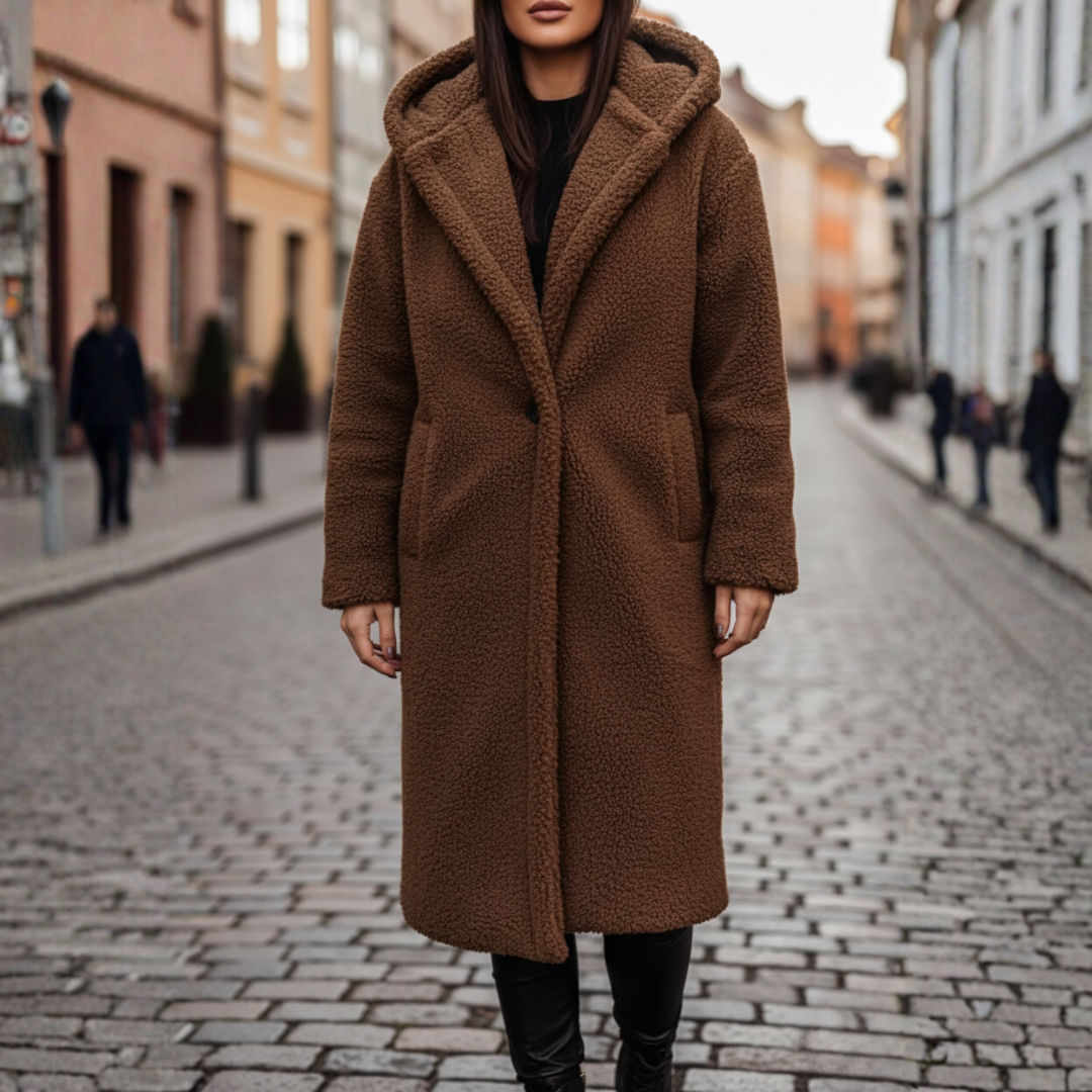 Women's faux fur hooded jacket warm elegant winter outerwear with front button closure