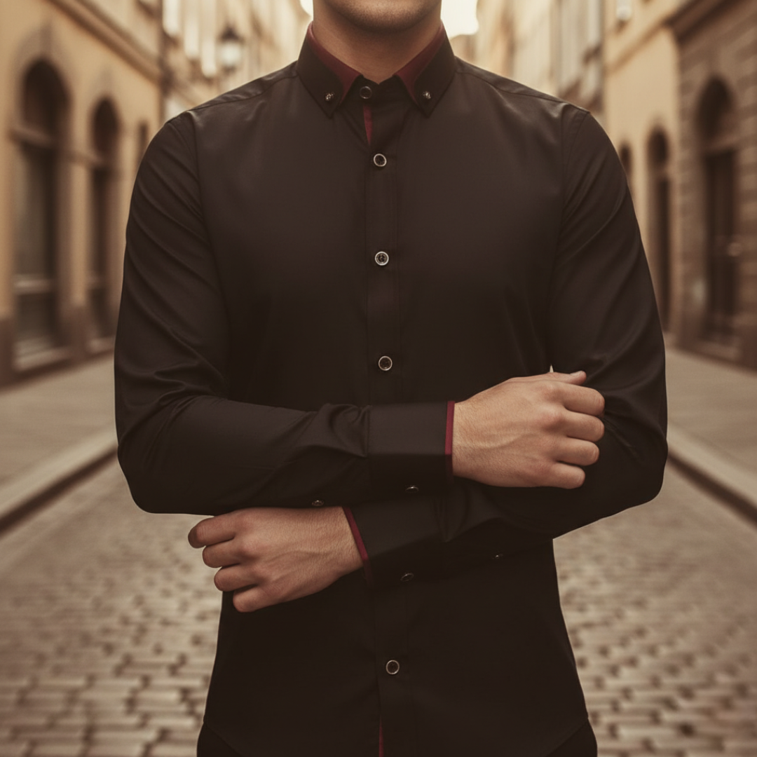 Men's slim fit dress shirt blue breathable fabric contrast collar formal semi-formal style