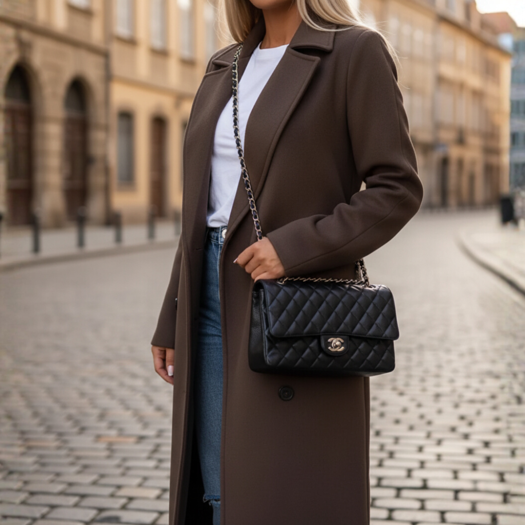 Women's double-breasted winter coat with belt, warm polyester fabric, classic structured silhouette