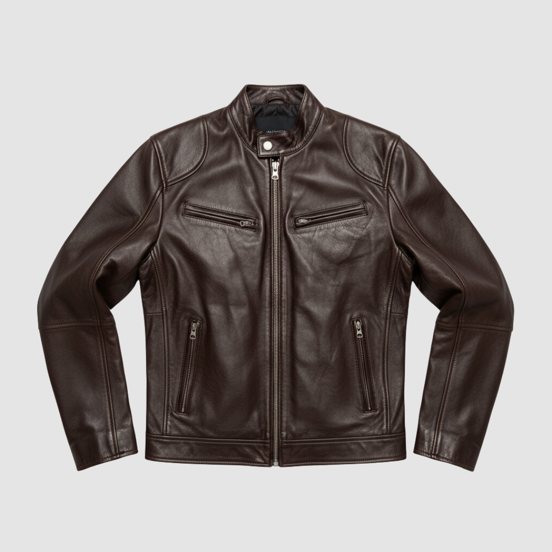 Men's black leather jacket elegant slim fit with zip closure and multiple pockets for modern style