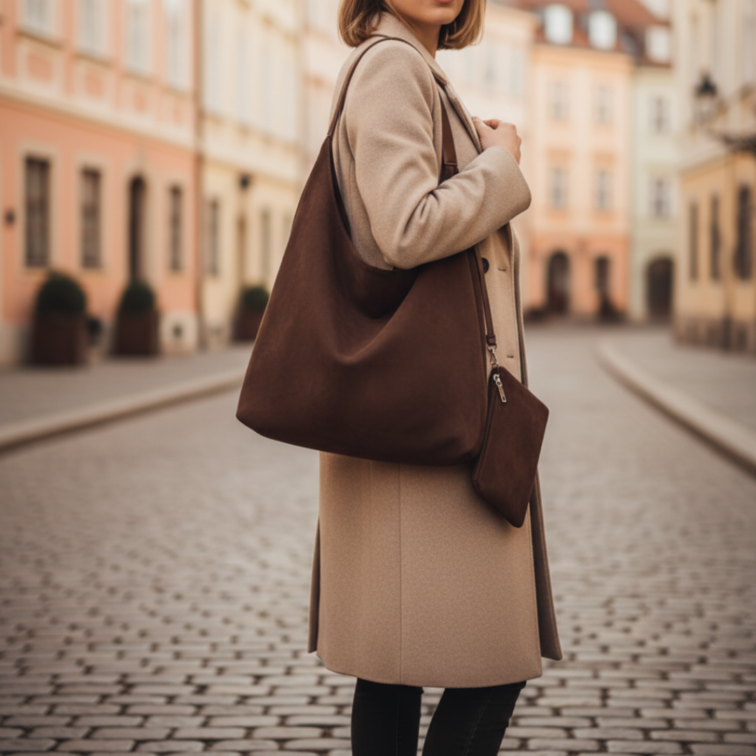 Soft fabric women's tote bag with wide handle and matching clutch set, elegant everyday style