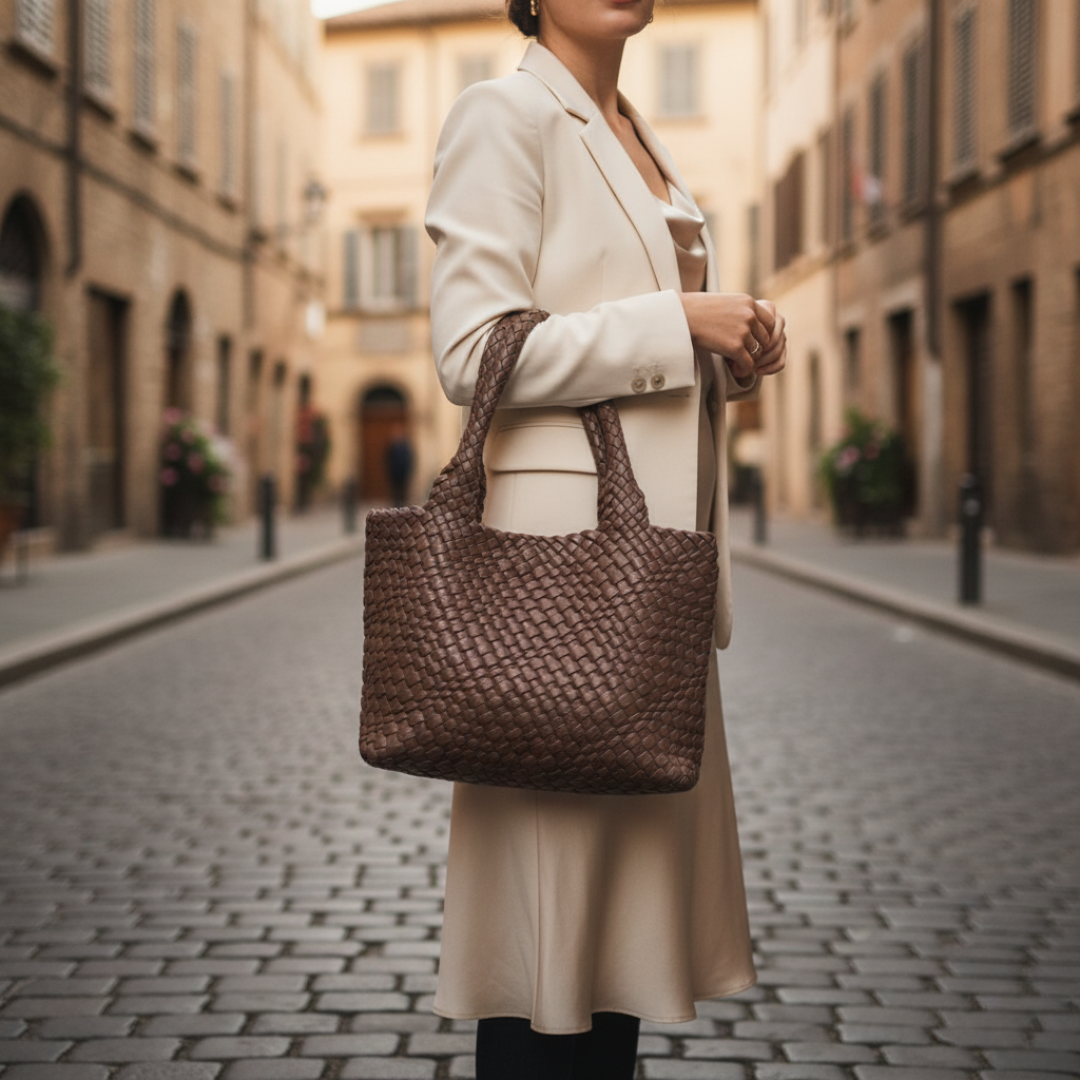 Women's black woven leather tote bag, elegant structured silhouette with durable everyday design