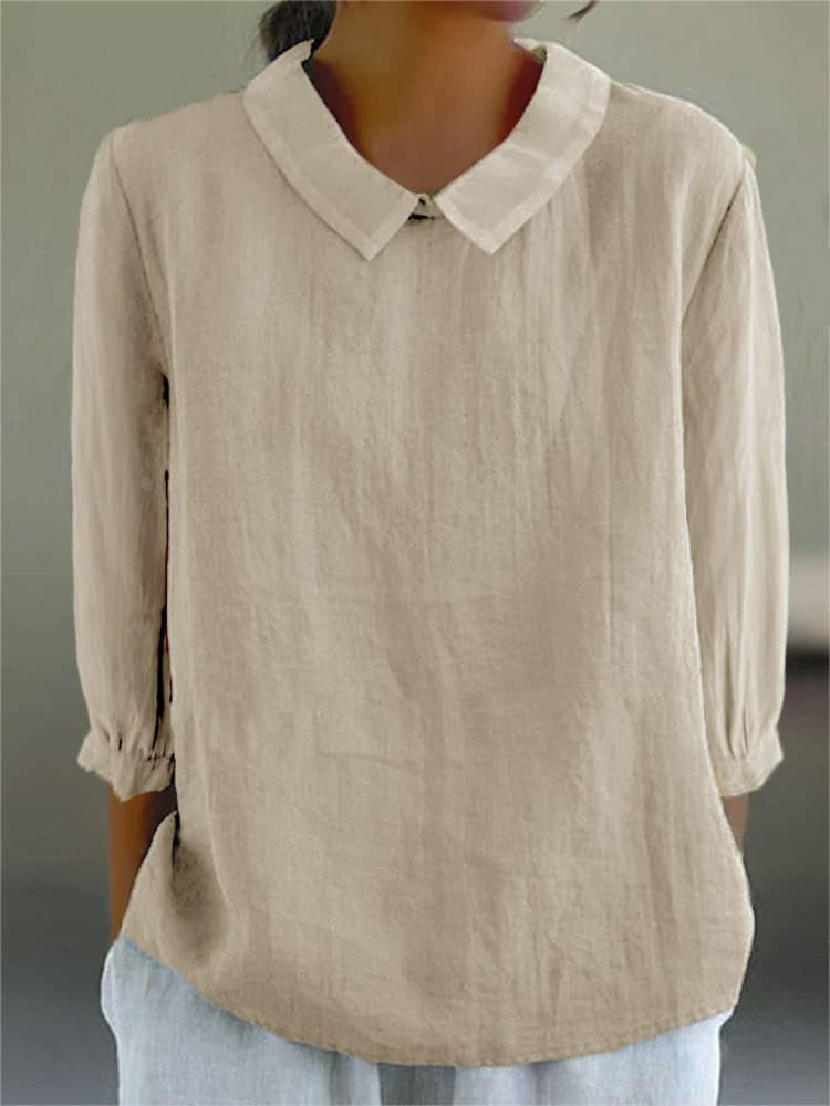 Women's beige cotton linen three-quarter sleeve shirt relaxed fit with turn-down collar retro casual top