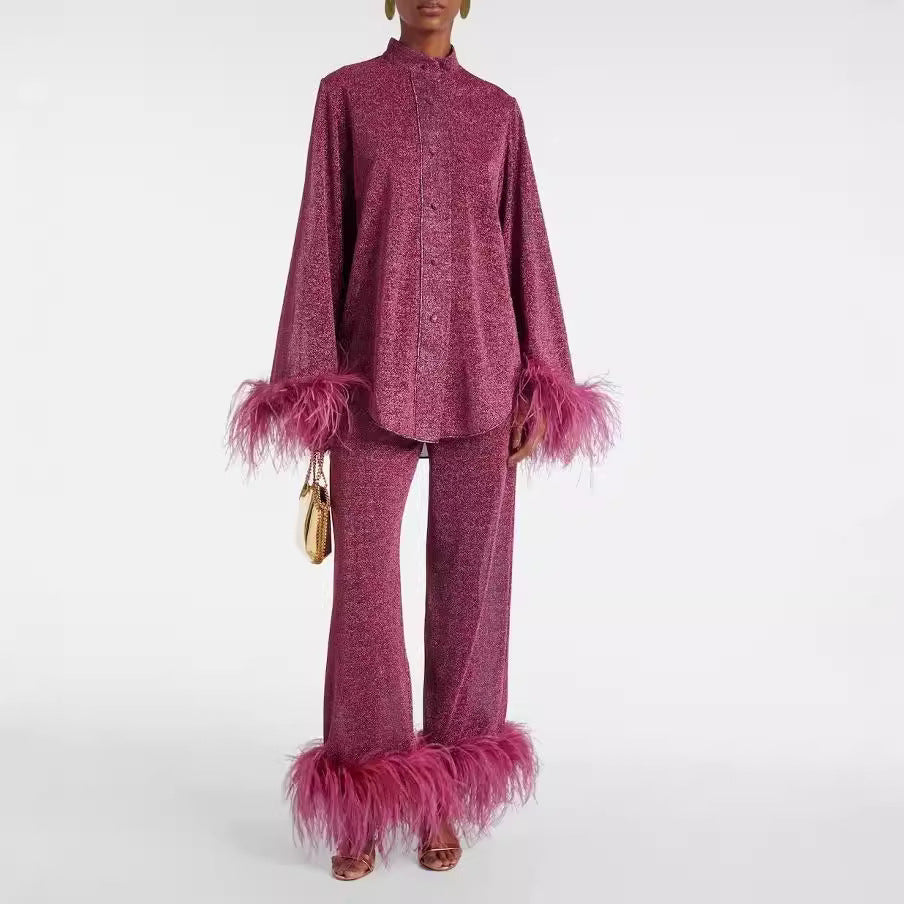 Women's loose elegant feather-trim set with bold sleeve and ankle accents for casual evening wear