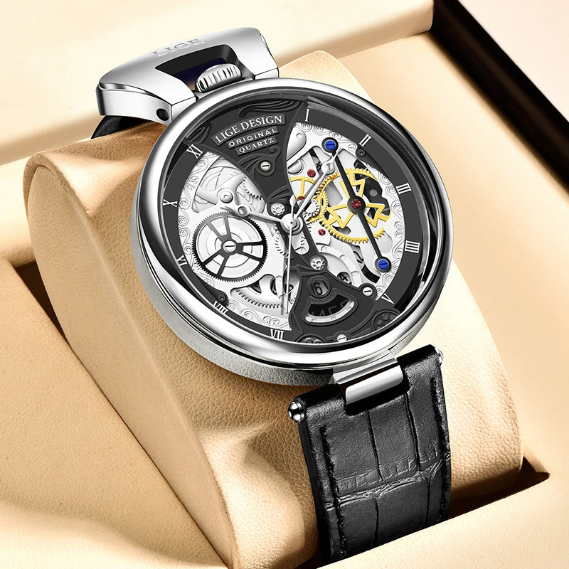 Lige Paragon skeleton automatic watch stainless steel open-work dial waterproof date display