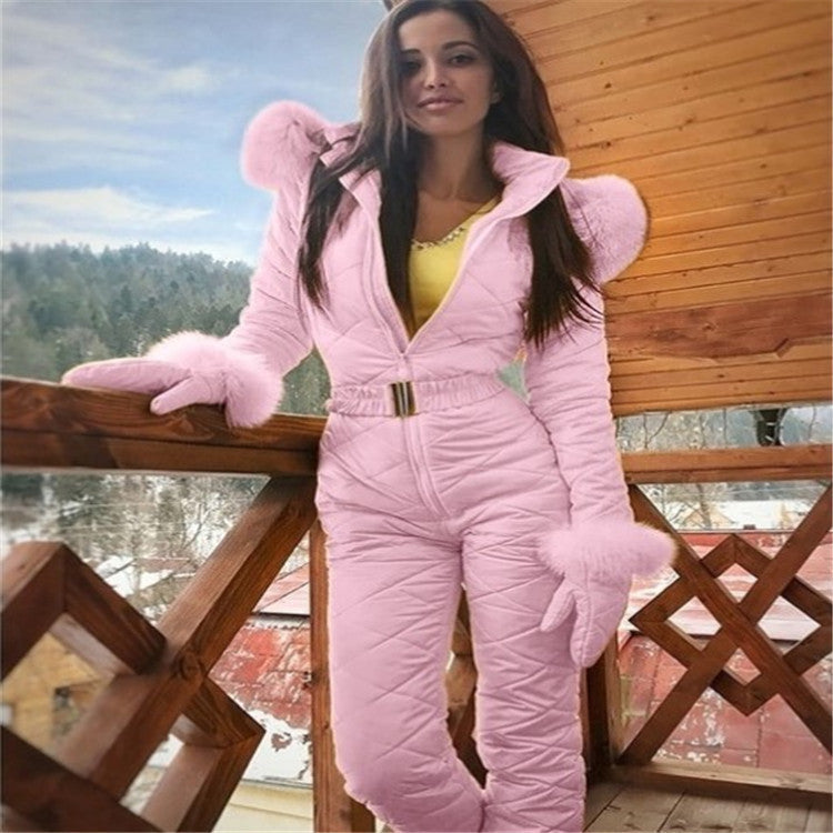 Women's insulated ski suit tailored fit warm belt elegant white winter one-piece snowsuit