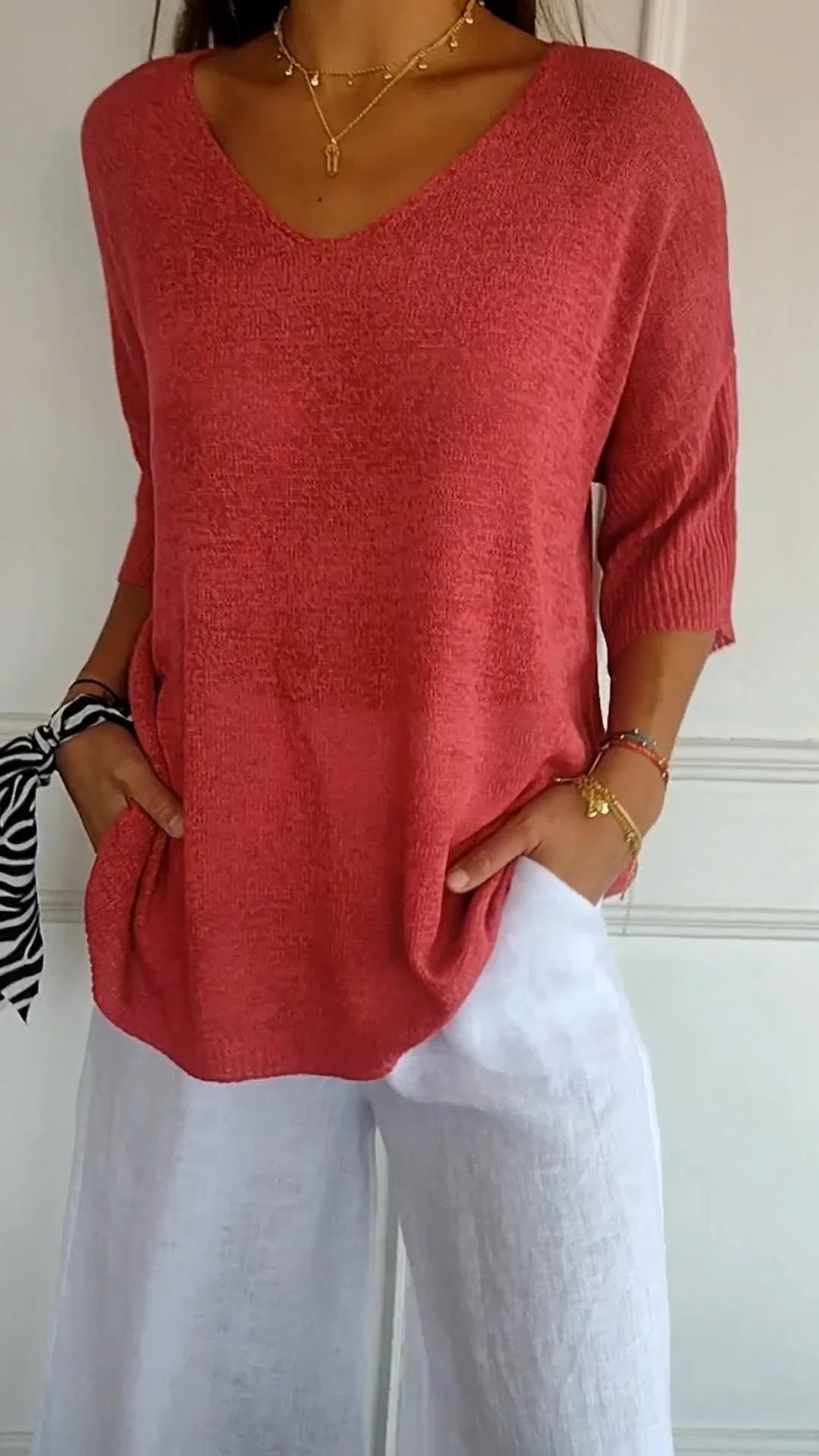 Women solid color knitted V-neck top cotton casual lightweight medium sleeve spring summer staple
