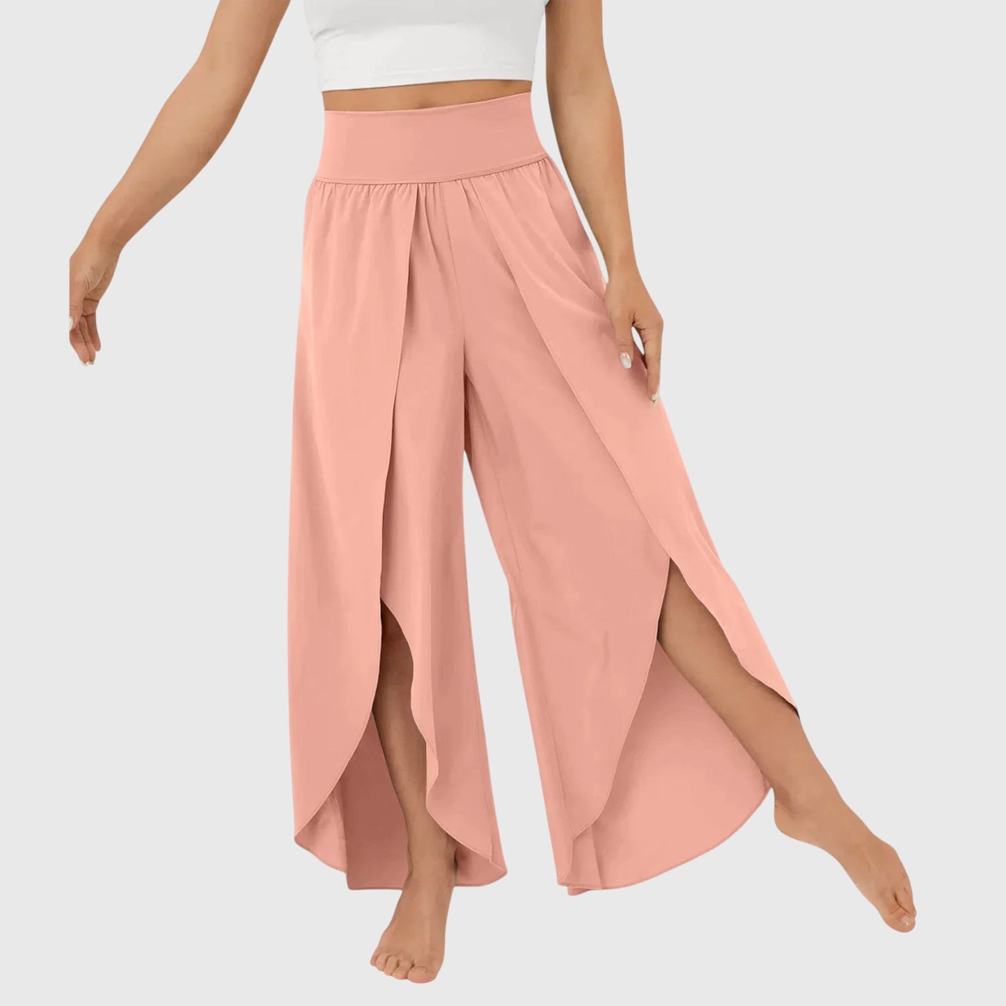 Women's wide leg split hem pants flowing silhouette elongated look versatile everyday style