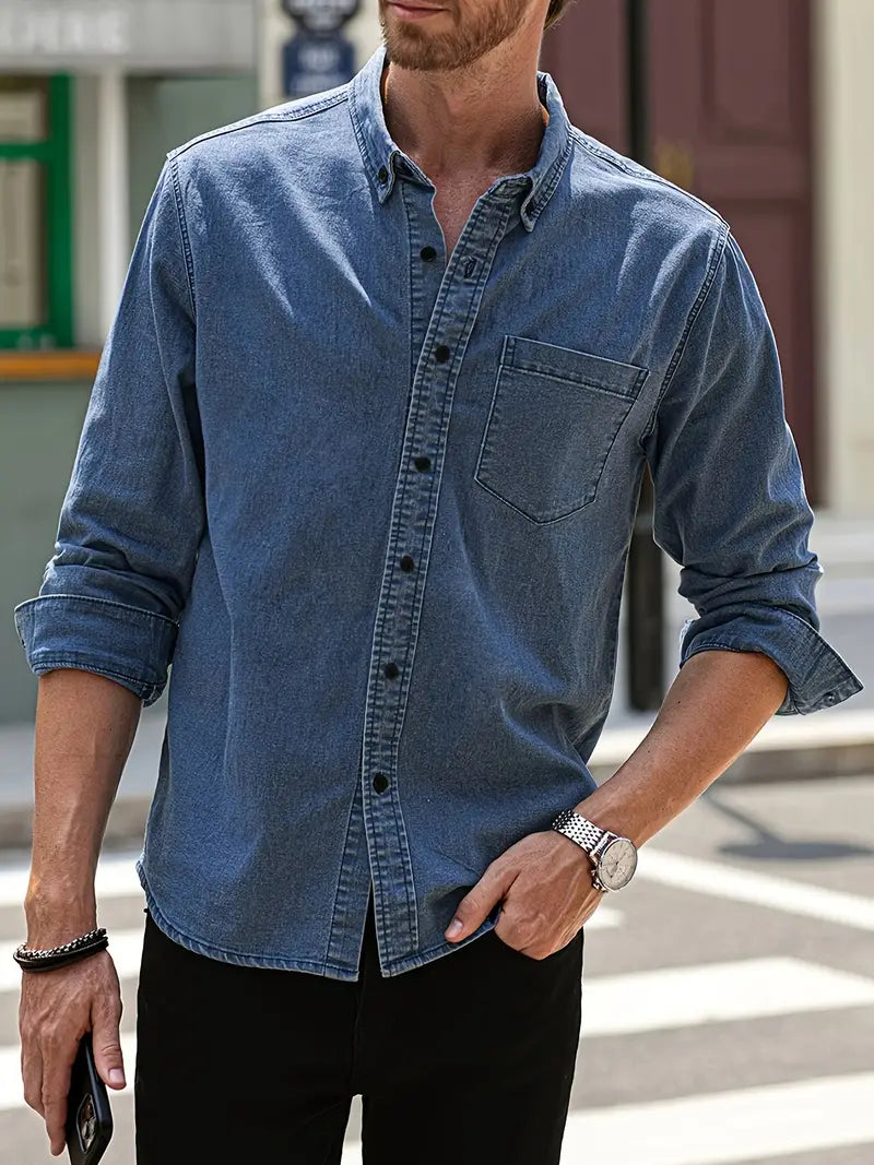 Men's Marius blue denim shirt casual elegant slim fit with breathable all-day comfort fabric