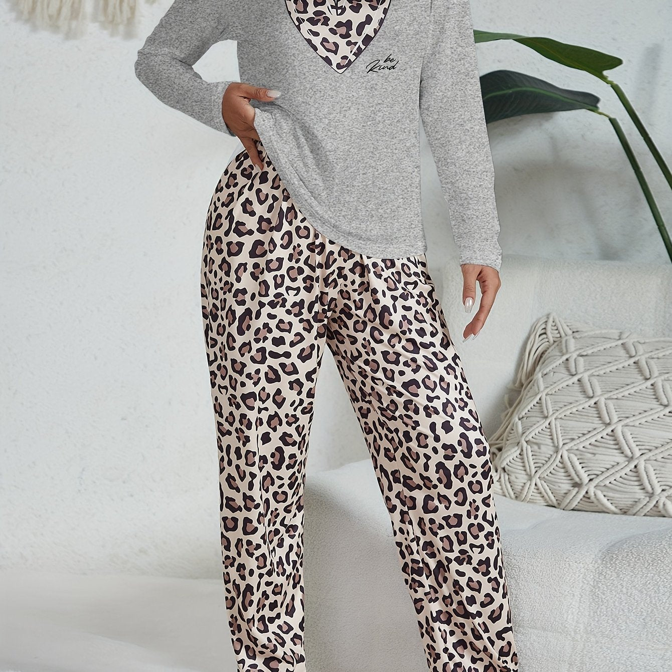 Women's lightweight long sleeve pajama set with patterned pants and elastic waistband for cozy lounging