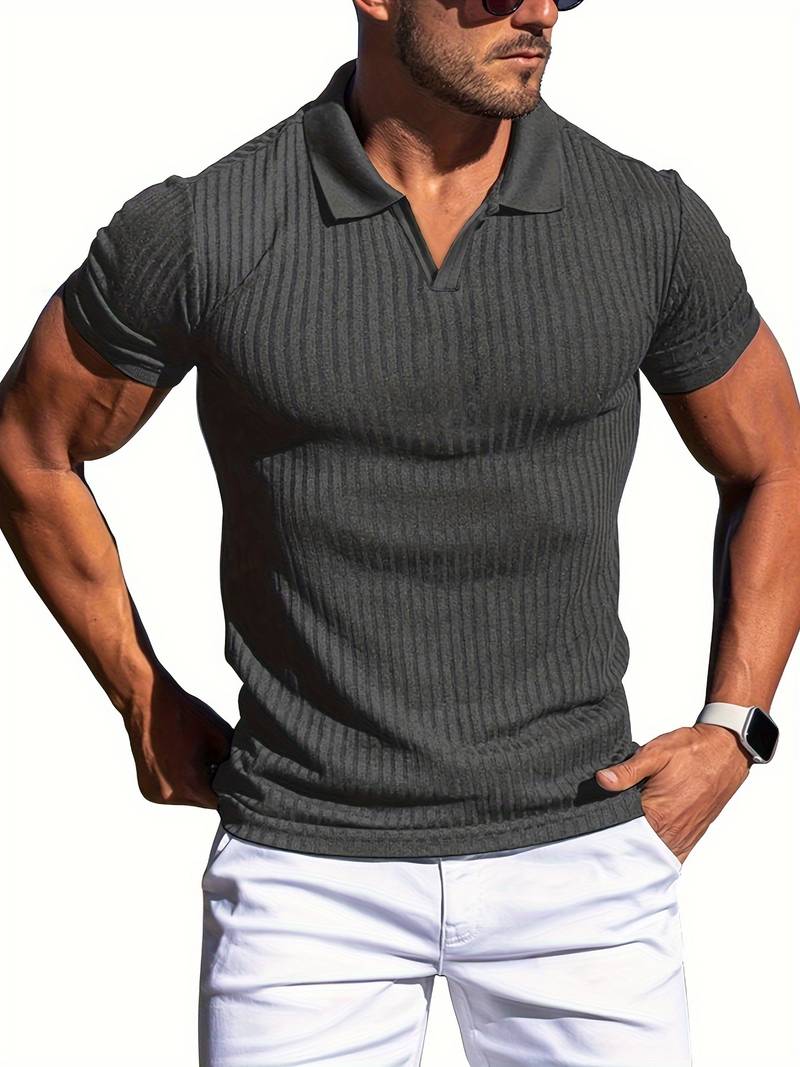 Men's slim fit ribbed knit polo shirt short sleeve neutral tone textured cotton-blend fabric