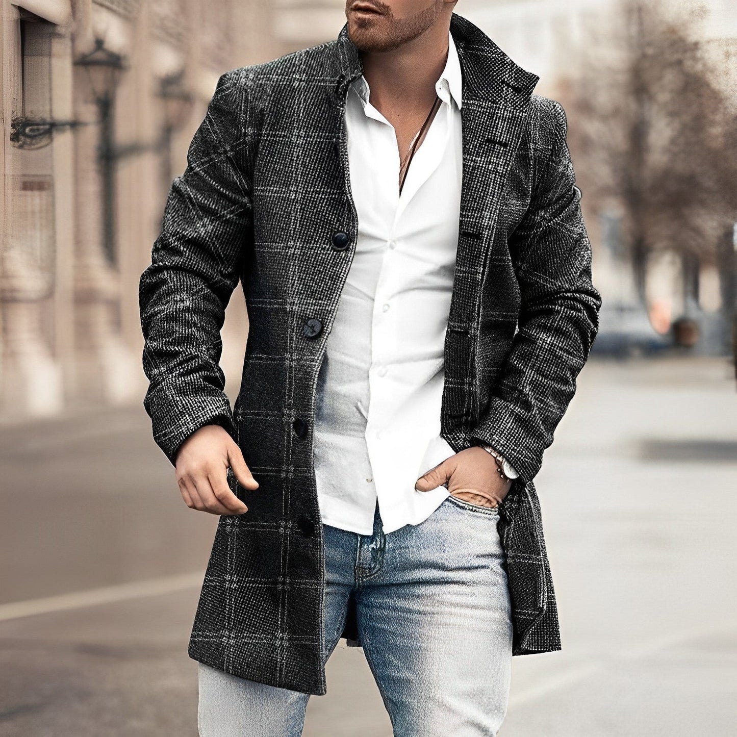 Men's long button-up coat tailored fit elegant timeless design for formal and casual wear