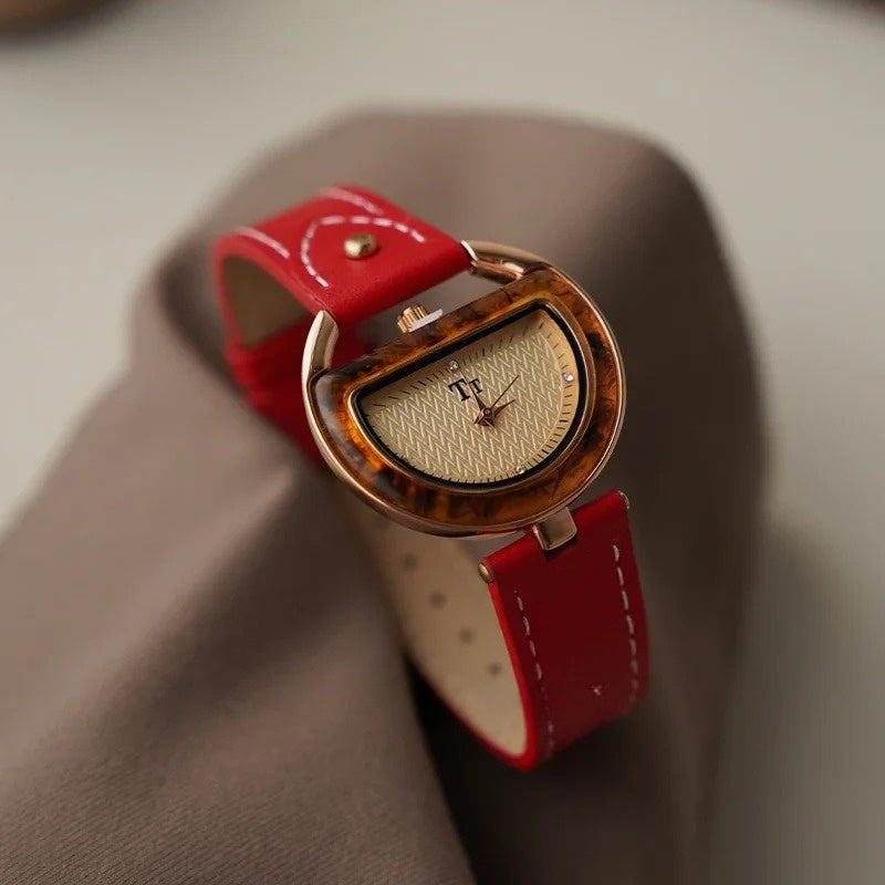 Aria half-moon watch tortoiseshell bezel leather strap vintage elegant timepiece women