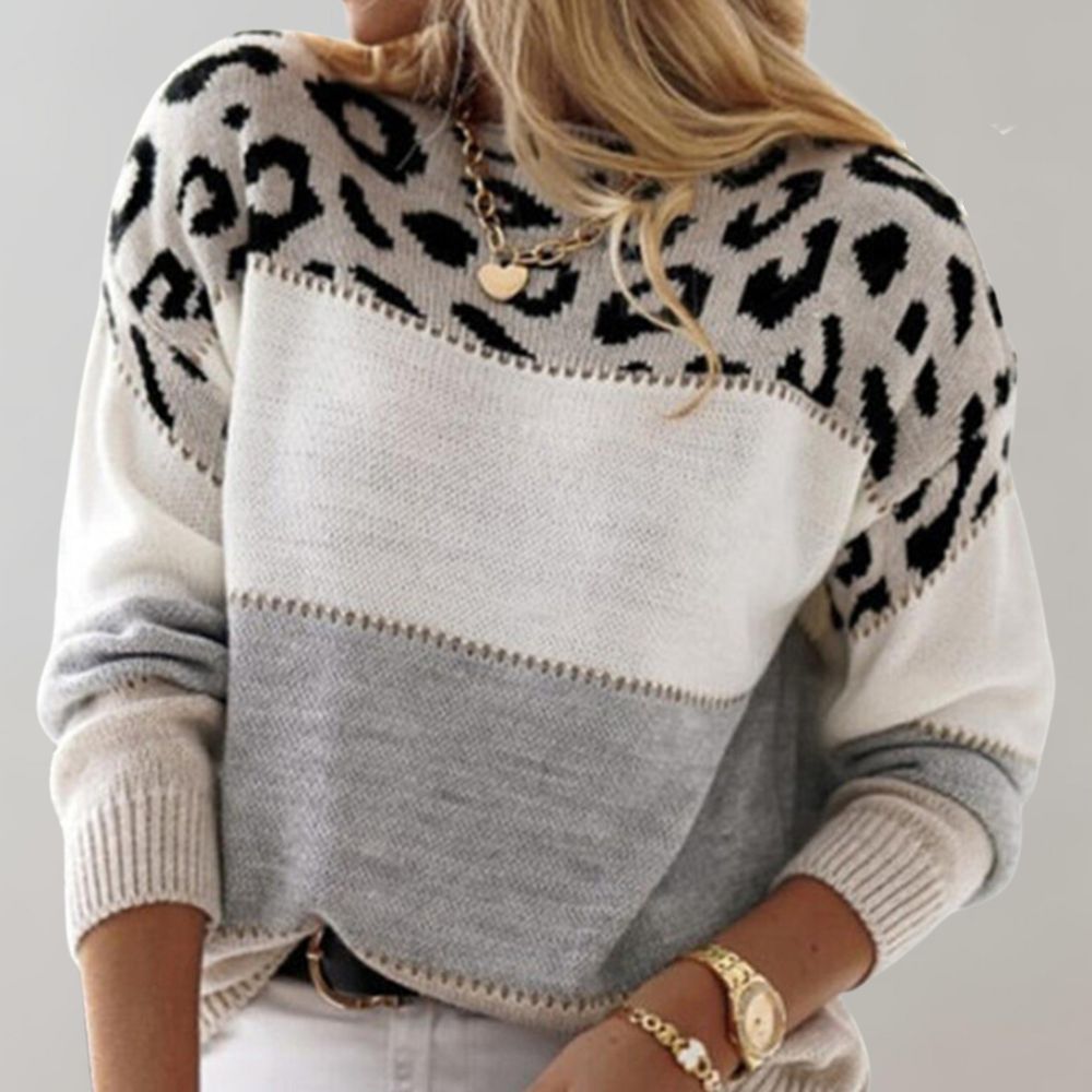 Women's gray color block leopard print striped knit sweater with bold black-white panther panels