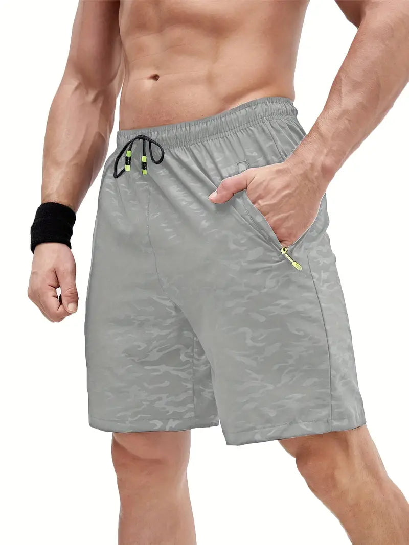 Men's gray athletic shorts slim fit breathable fabric with secure zippered pockets for gym