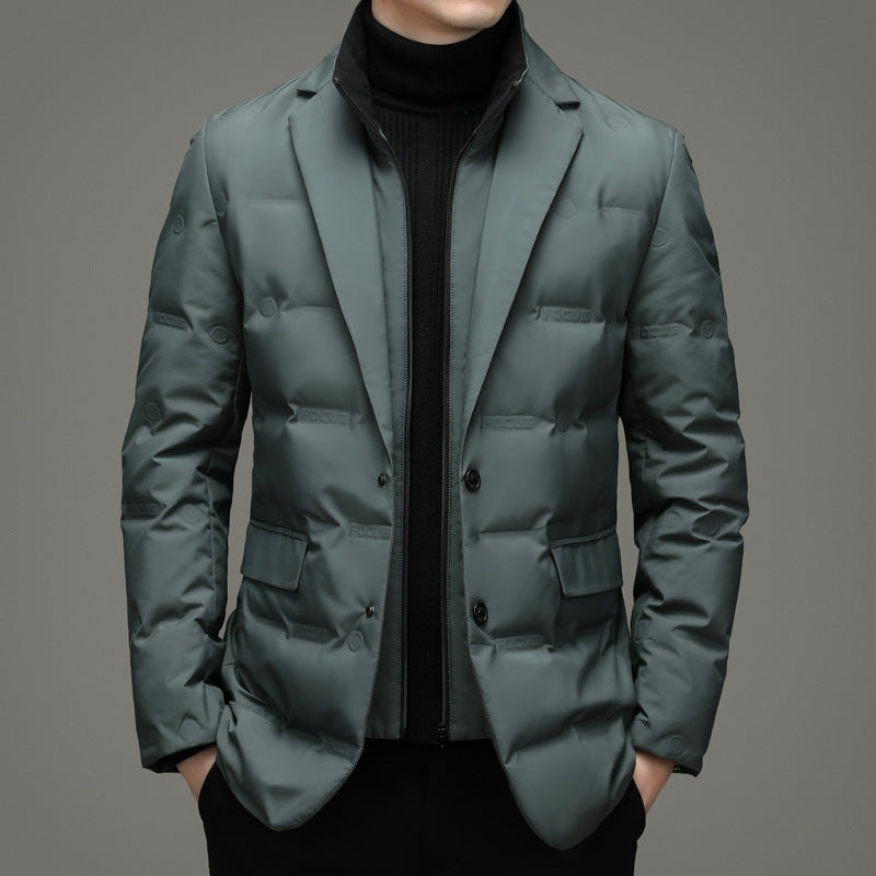Navy quilted blazer tailored fit waterproof insulation smart professional cold weather style