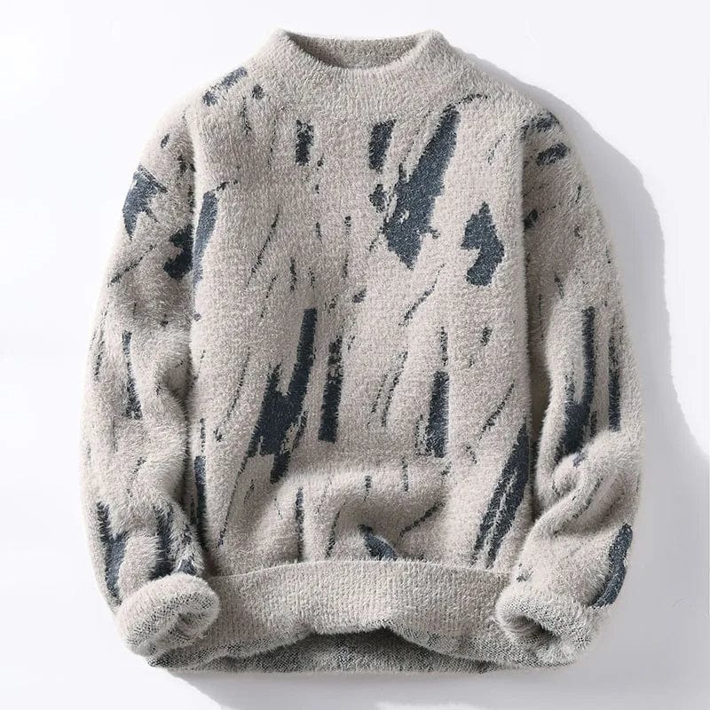 Women's fuzzy knit sweater abstract black pattern ribbed crewneck cozy plush pullover