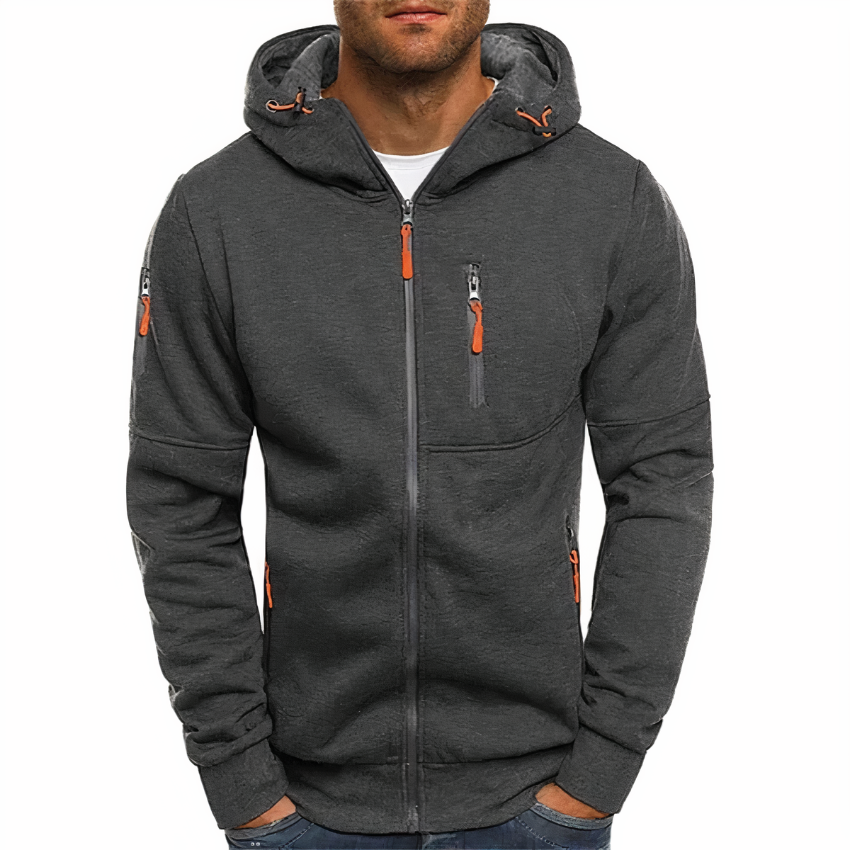 Men's lightweight urban zip hoodie with adjustable contrast-cord hood and practical front pockets