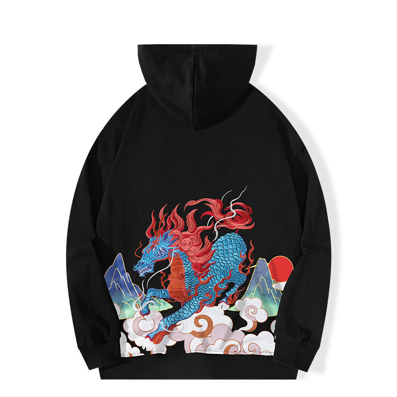 Black unisex dragon print hoodie relaxed streetwear fit with bold graphic and kangaroo pocket