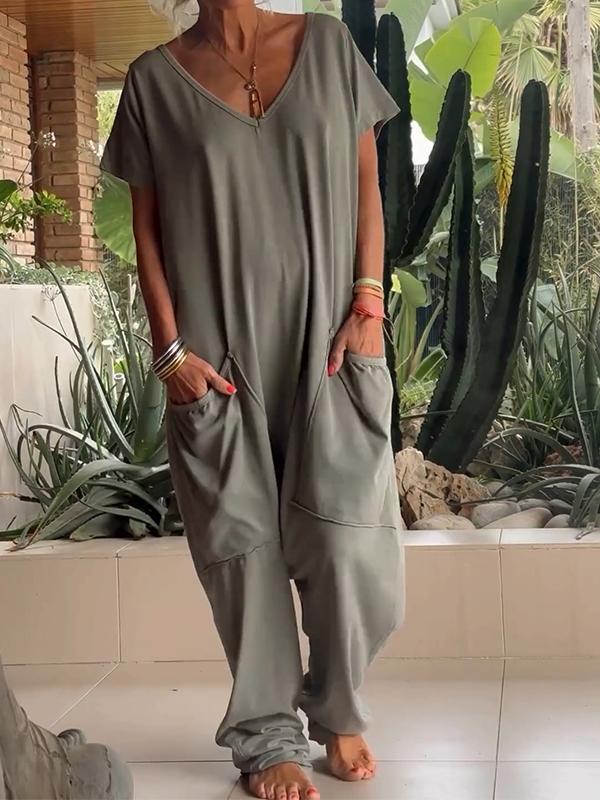 White cotton casual V-neck jumpsuit short sleeve solid color women's effortless everyday one-piece
