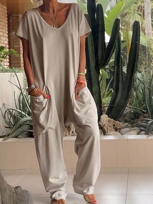 Women's cotton v-neck jumpsuit solid color short sleeve casual one-piece warm-weather comfort